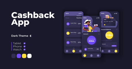 Cashback app cartoon smartphone interface vector templates set. Mobile app screen page night mode design. User account balance and shops list UI for application. Phone display with flat character