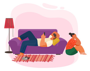 Guy play on smartphone and lie on violet sofa, couch. Woman sitting on floor and crying. Life of young couple with quarrel. Furnishing of living room like couch and carpet. Vector illustration in flat