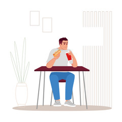 Guy eating hot dog with soda semi flat RGB color vector illustration. High calorie snacks consumption. Caucasian man enjoying unhealthy fast food isolated cartoon character on white background