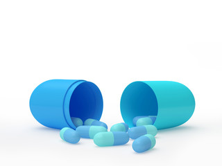 Blue small medical capsules dropped out of a large open medical capsule isolated on a white background. 3D illustration