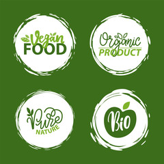 Fresh vegan food label, green poster natural and herbal product, 100 percent organic, healthy product, set of emblem, market sticker vector. Menu logo on white abstract watercolor lable