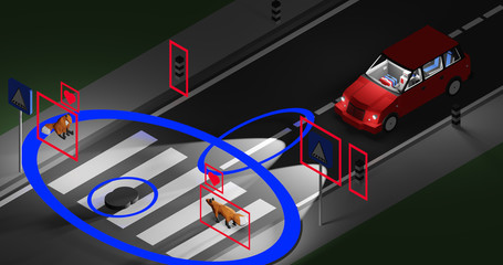 Robot taxi driver sits at the wheel of a taxi.   Fox go to other fox for love on the road. Car with autopilot. Animal. 3D rendering, isometric.