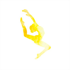 isolated, watercolor silhouette yellow girl gymnast jumping