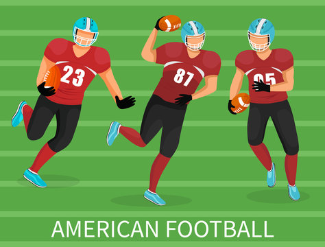 Three footballers playing in american football. Training or competition of team. People in uniform and helmet on stadium. Picture with capture with name of game. Vector illustration of playground