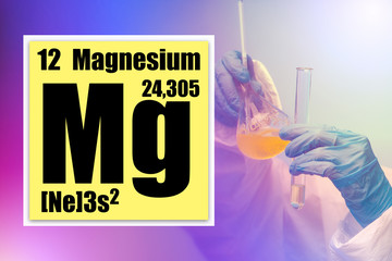Magnesium research in the laboratory. Magnesium element logo from the periodic table. Laboratory assistant mixes the liquid in the flask. Characteristic cell MG. MG in the conversion table.