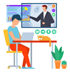 Distant online education, student learning through laptop at home isolated character vector. Teacher and graphics, Internet site, receiving knowledge. Online courses, house interior illustration
