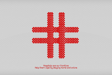 Illustration idea of a hashtag resembling a red cross to support medics by staying home and online.