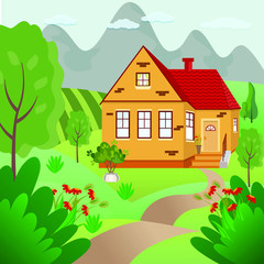 Naklejka premium Colorful house on a hill surrounded by green fields, meadows, trees and flowers