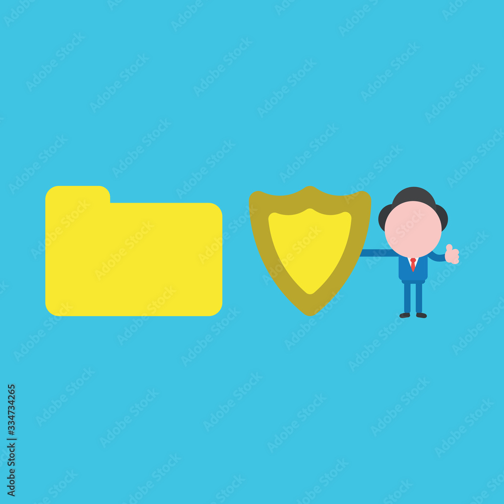 Poster vector illustration concept of businessman character holding guard shield with closed file folder.