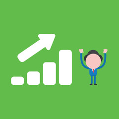 Vector illustration concept of businessman character with sales bar chart moving up.