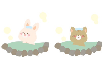 Obraz premium 温泉に入るうさぎとネコのイラスト セット