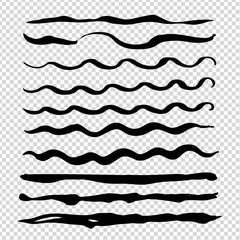 Black abstract wawy long brush thin strokes big set isolated on imitation transparent background