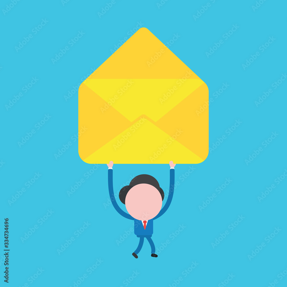 Poster vector illustration concept of businessman character walking and holding up open empty envelope.