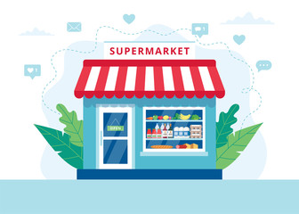 Grocery store concept, supermarket with different grocery. Vector illustration in flat style - obrazy, fototapety, plakaty