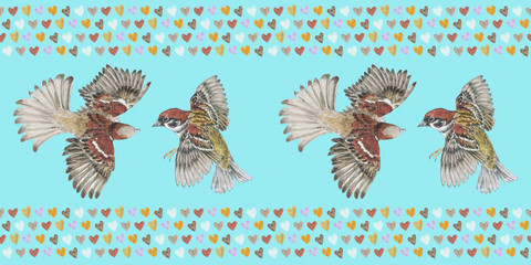 Cute seamless border with flying sparrows and tiny hearts