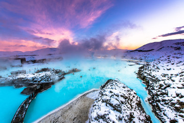 Beautiful landscape and sunset near Blue lagoon hot spring spa in Iceland  - 334735070
