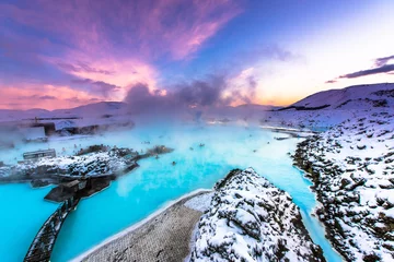 Foto op Canvas Beautiful landscape and sunset near Blue lagoon hot spring spa in Iceland  © surangaw