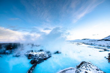 Beautiful landscape and sunset near Blue lagoon hot spring spa in Iceland 