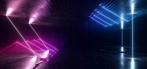 Neon Glowing Background Purple Blue Laser Striped Metal Reflective Structure Podium Stage Warehouse Room Hall Garage Dark Night Empty Shape 3D Rendering