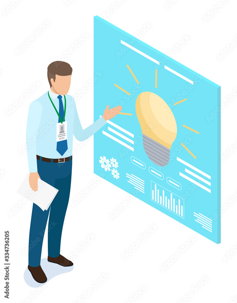 Poster presenter male standing near board with lightbulb symbol isolated on white. man worker near presenta