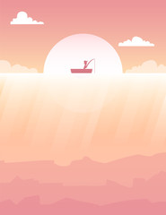 Fischer angelt bei Sonnenuntergang / Sonnenaufgang, Meer, Vektor