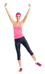 Young happy woman in red fitness wear doing fitness exercise, isolated over white background