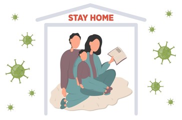 I stay at home awareness social media campaign and coronavirus prevention family reading a book together out loud and staying together