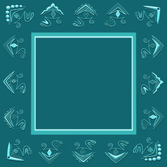 Template for card, invitation, greetings with geometrical mint green ornament, unusual hand-draw elements. Frame or border on blue-green background