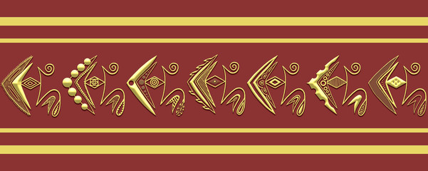 Gold geometrical raster ornament, frame or border on maroon background. Horizontal row of unusual hand-draw elements