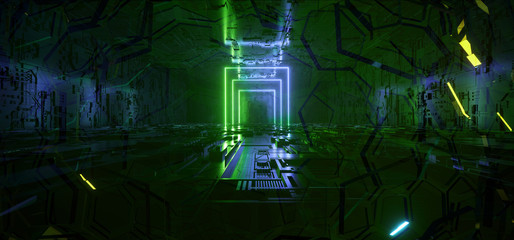 SCi Fi Futuristic Metal Reflective Schematic Textured Motherboard Floor Realistic Modern Neon Glowing Laser Rectangle Arc Beams Blue Green Electric Shape Empty Background 3D Rendering