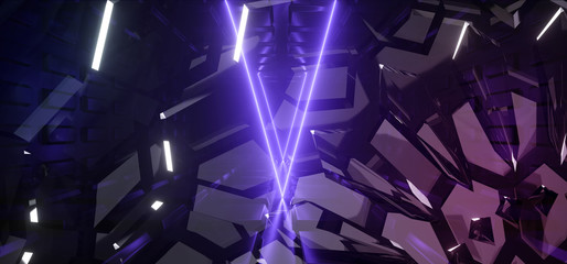 SCi Fi Futuristic Metal Reflective Abstract Textured Motherboard Floor Realistic Modern Neon Glowing Laser Triangle Arc Beams Purple Blue Electric Shape Empty Background 3D Rendering