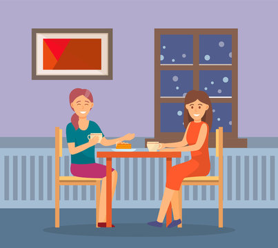 Friends spending time together at home. Meeting of two women for intimate talk, conversation. People drinking coffee and eating cake. Cozy apartment interior. Vector illustration in flat style