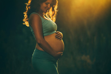 Adult pregnant woman on against the backdrop of the sunset in the park. 9 months of pregnancy and childbirth. - obrazy, fototapety, plakaty