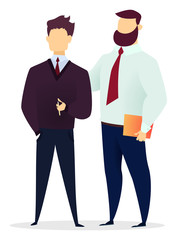 Teamwork cooperation for getting best service of males standing together. Men characters wearing suit holding hands isolated on white. Element of corporate for business success and career vector