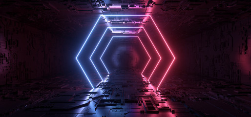 SCi Fi Futuristic Metal Reflective Schematic Textured Motherboard Floor Realistic Modern Neon Glowing Laser Gate Arc Beams Blue Purple Red Electric Shape Empty Background 3D Rendering