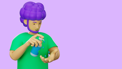 3d illustrate cartoon character using alcohol gel cleansing hand for protect flu and corona virus COVID-19.
