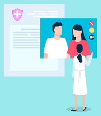 Online consultation between doctor and people by video call in real time. Videoconference to consultant about illnesses and prescribe treatment remotely. Vector illustration of technology in flat