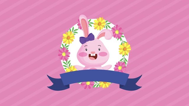 happy easter animated card with cute rabbit and flowers