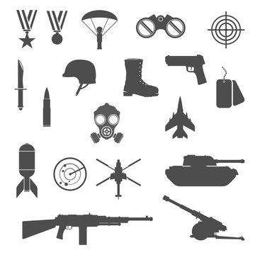 Military War Icon Set - Vector Illustration Black Silhouette.