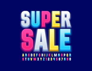 Vector bright banner Super Sale. Creative glowing Font. Colorful Alphabet Letters and Numbers