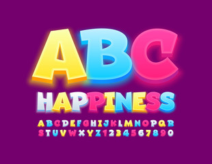 Vector Happy Alphabet. Glowing bright Font. Comic colorful Letters and Numbers