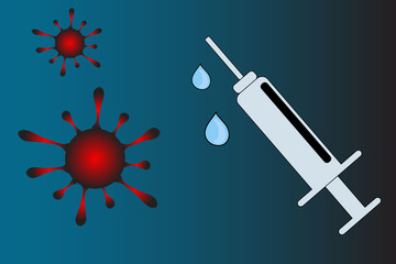 Group of viruses against syringe with dropped water on gradient background