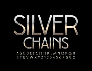 Vector elegant sign Silver Chains. Luxury metal Font. Chrome Alphabet Letters and Numbers