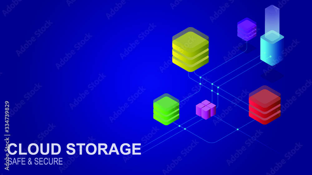 Poster isometric flat cloud hosting network vector illustration. online computing storage 3d isometry conce