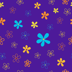 Seamless floral pattern, colorful flowers on blue background.
