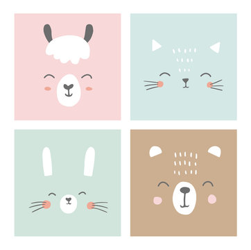 Cute Simple Animal Faces Portraits - Kawaii Animals. Bunny, Bear, Cat, Alpaca, Llama. Designs For Baby Clothes, Posters, Greeting Card. Hand Drawn Characters. Vector Illustration.