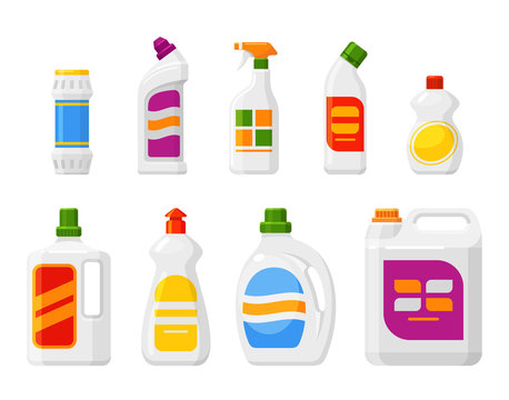 Cleaning products set, liquids, powders, sprays bottles