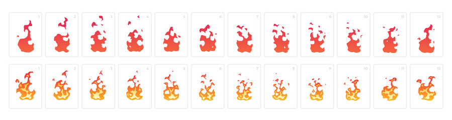 Looped fire animation. Sprites sheet. Flat style vector illustration. Flame, fire, torch, campfire. Cute cartoon design. Orange and yellow colors. Realistic template. © Ihor