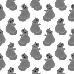 Seamless pattern with cute gray fluffy british cat with big orange eyes and soft fur on white background for sweet kid's design, wrapping paper, textile, notebook cover 