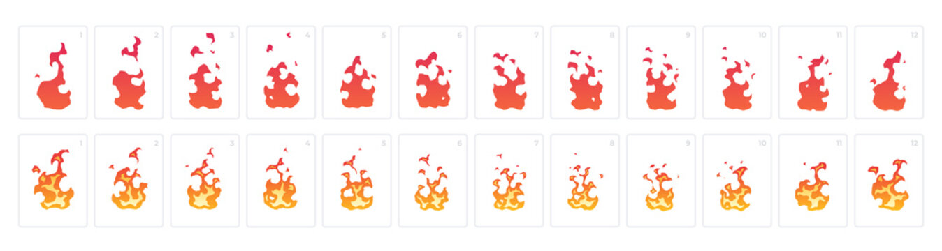 Looped fire animation. Sprites sheet. Flat style vector illustration. Flame, fire, torch, campfire. Cute cartoon design. Orange and yellow colors. Realistic template.